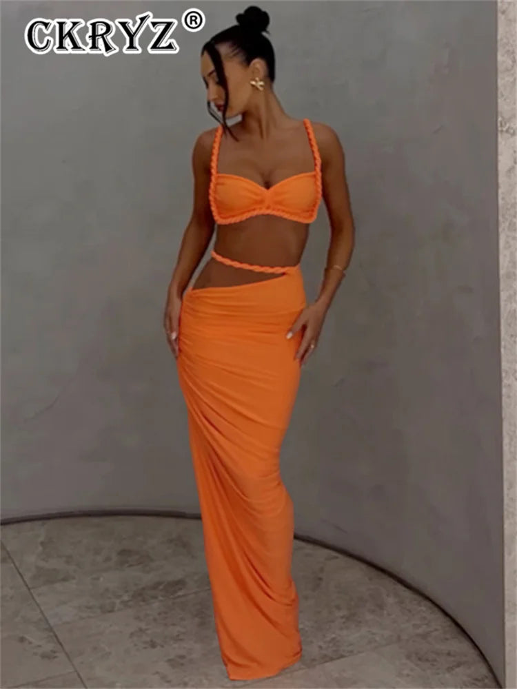 Ladies Summer Party 2 Piece Skirt Set Women Sleeveless Backless Crop Top Long Skirts Matching Sets Club Streetwear Woman Clothes