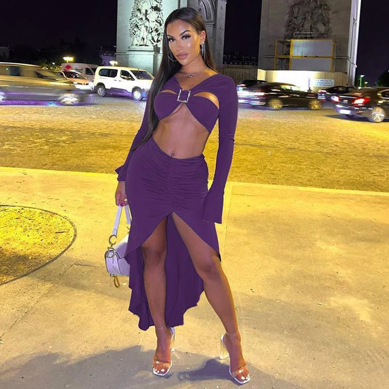 Two Piece Set Long Sleeve Bandage Backless Crop Tops and Skirt Set Women Bodycon Skirts Sexy Split Outfits Beach Casual Dress