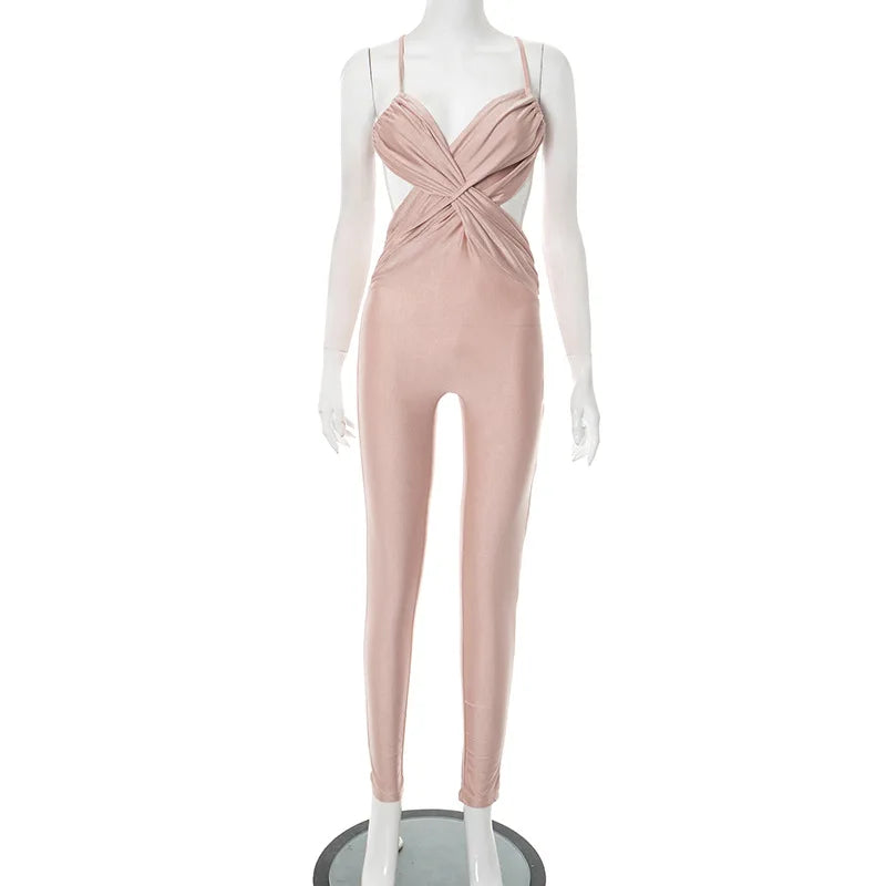 Shestyle Backless Sleeveless Jumpsuits for Women Chest Wrapping V Neck Cross Panelled Bodycon Work Out Fitness Outfits Summer