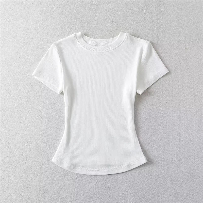 LUNDUNSHIJIA 2024 Summer Sexy Women Basic O-neck Short Sleeve T-shirt Ladies Slim Elasticity Cotton Tee Tops 12 Colors