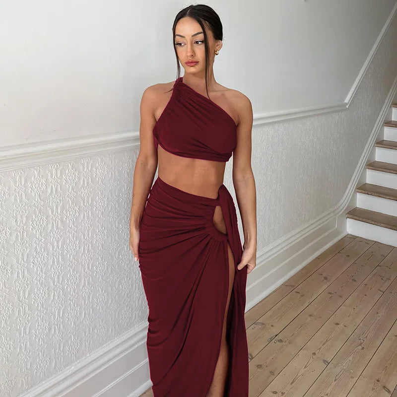 Ladies Summer 2 Pieces Set Women Sleeveless Backless Strap Spit Crop Top Side Slit Slim Long Skirt Evening Party Club Streetwear
