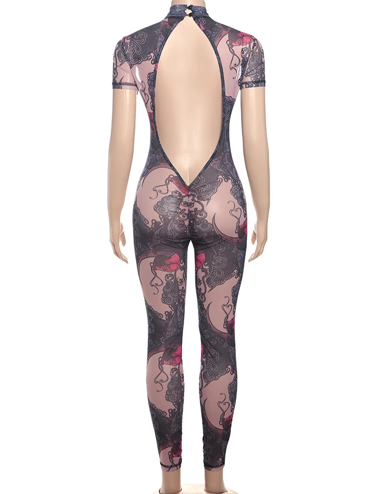 Nibber Colorful Print Jumpsuit Women Mesh  See Through Coquette Summer Backless Peach Buttocks Tight Activity Clubwear Overalls