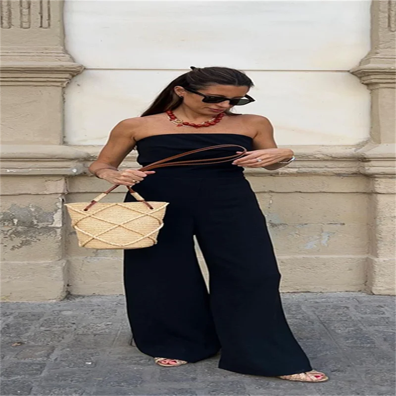 Sexy Backless Women's Jumpsuits Solid Off Shoulder Waist Cinching Pockets Wide Leg Pants Lady Bodysuit Summer Female Outwears