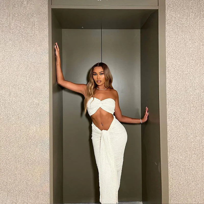 Ladies Autumn 2 Pieces Vacation Streetwear Skirt Set Women Sleeveless Backless Tube Crop Top Maxi Dress Clubwear Fall Outfits