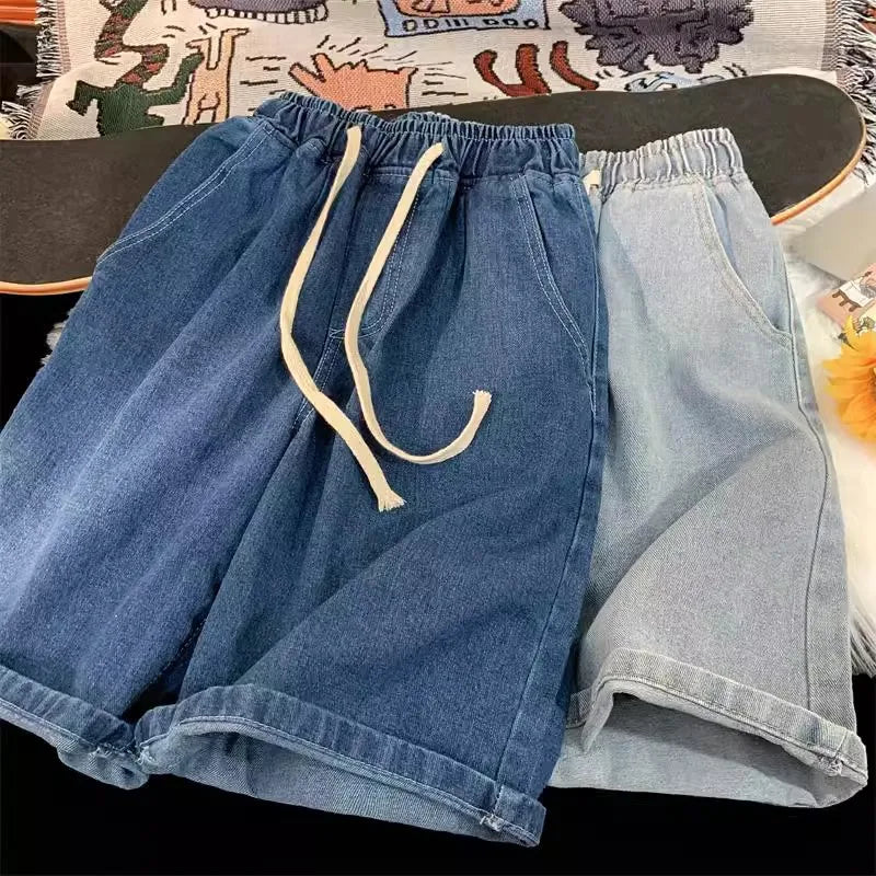 2025 New American retro short men's wide leg jeans Y2k Gothic washed loose straight leg casual men's denim shorts sports pants
