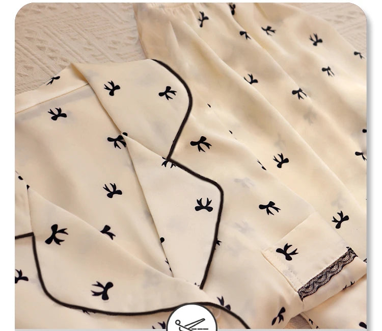 Sweet Cute Lace Flower Side Bow Print Women's Pajamas Simulated Silk Short Summer Cool Lady Lounges 2024 New Classy Y2k Homewear