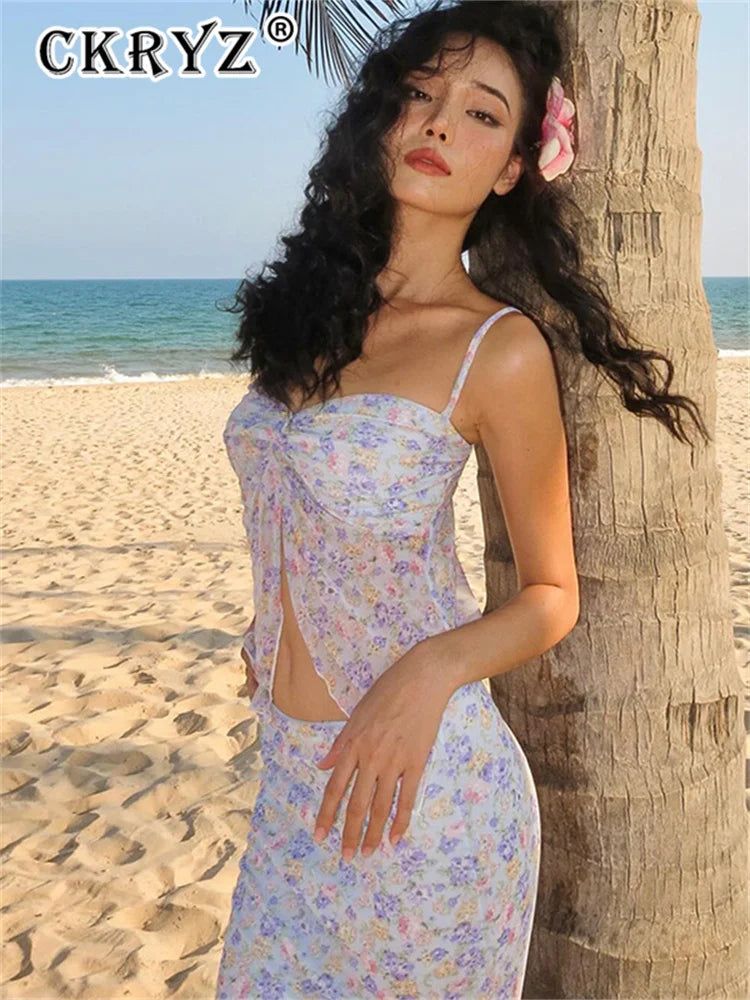 Ladies Summer Vacation Fashion 2 Pieces Set Women Sleeveless Backless Top Long Skirts Matching Sets Woman Clothes Party Holiday