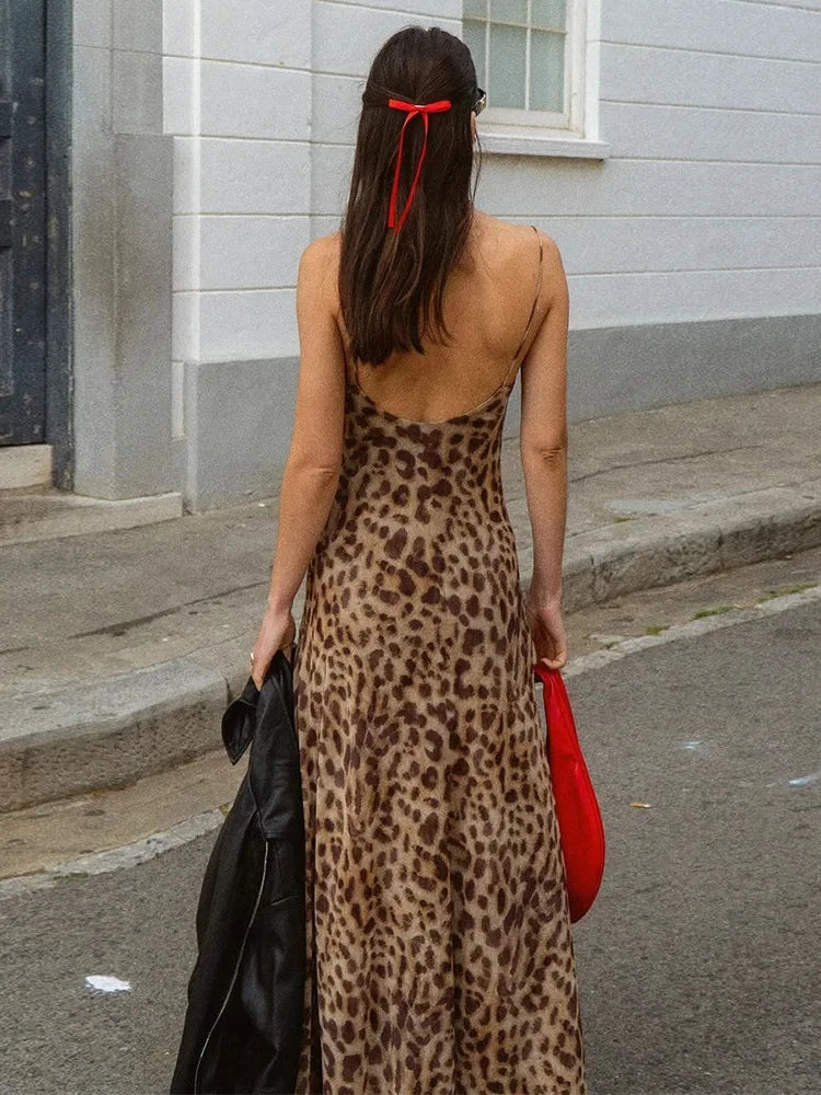 Mooyufon Leopard Print Dress Woman Summer Sexy Swing Collar Spaghetti Straps Backless Ruffles Party Clubwear Skinny Vestidos