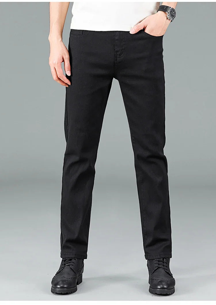 Men's Pure Black Slim Jeans Elastic Straight Pants Business Fashion Leisure Korean Vintage Skinny Small Feet Denim Pants Male