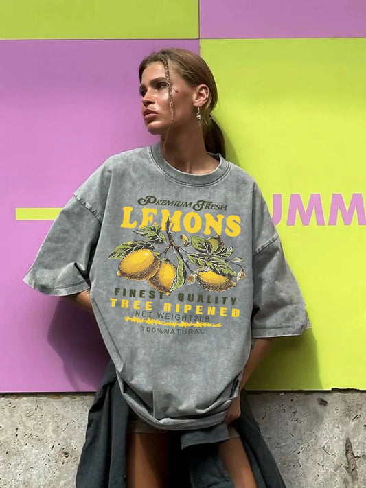 Premium Fresh Lemons Fruit Print Women Washed T-Shirts Y2K Comfortable Short Sleeve Loose All-Match T Shirt Cotton Hip Hop Top
