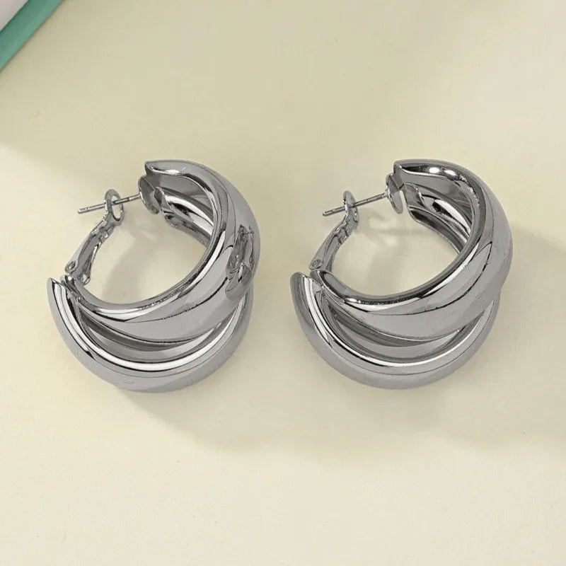 Stainless Steel Chunky Hoop Earrings for Women Girls Gold Color Double Ring Thick Geometric Drop Earrings Statement Jewelry Gift
