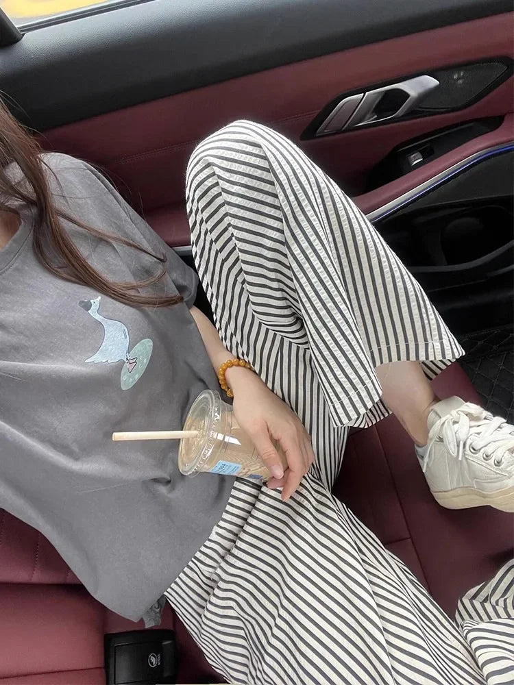 Pajama Pants Striped Spring Summer Long Premium Feeling Home Pants Student Straight Pants Elastic Waist Women Sleeping Pants