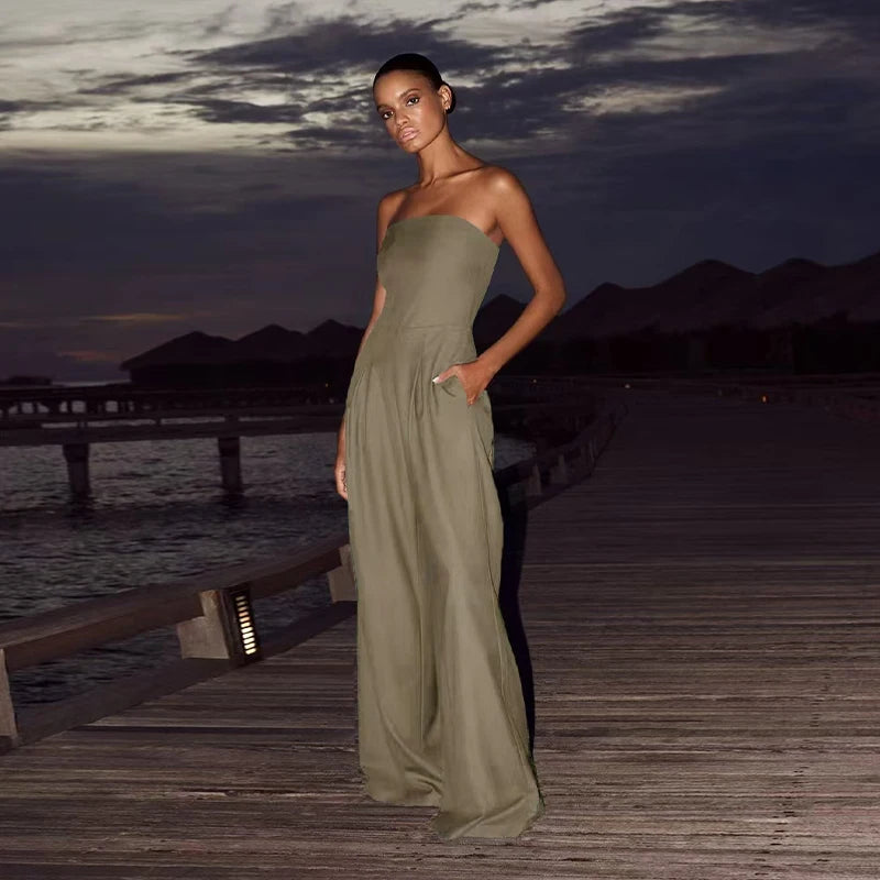 Sexy Backless Women's Jumpsuits Solid Off Shoulder Waist Cinching Pockets Wide Leg Pants Lady Bodysuit Summer Female Outwears
