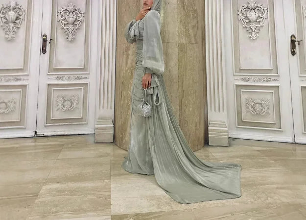 Elegant Solid Color Hooded Sparkling Flowing Sand Dress for Women, Elegant Solid Color Trailing High Waisted Long Sleeved Dress