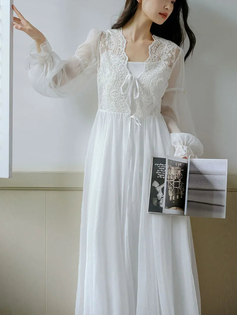 Princess Fairy Night Dress Robe French Morning Gown Lace Mesh Ruffles Vintage Sexy Two-piece Nightgown Female Spring Summer