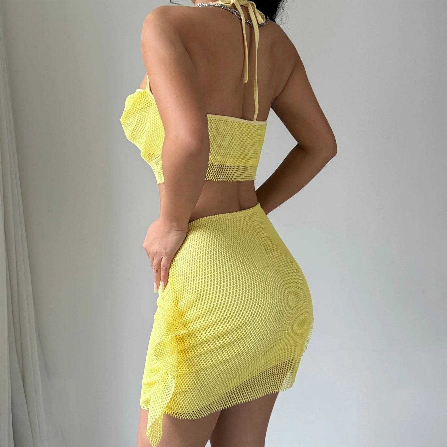 Ladies Summer Mesh Patchwork Y2K 2 Pieces Sleeveless Backless Sexy Crop Top And Mini Skirt Set Women New Fashion Party Clubwear