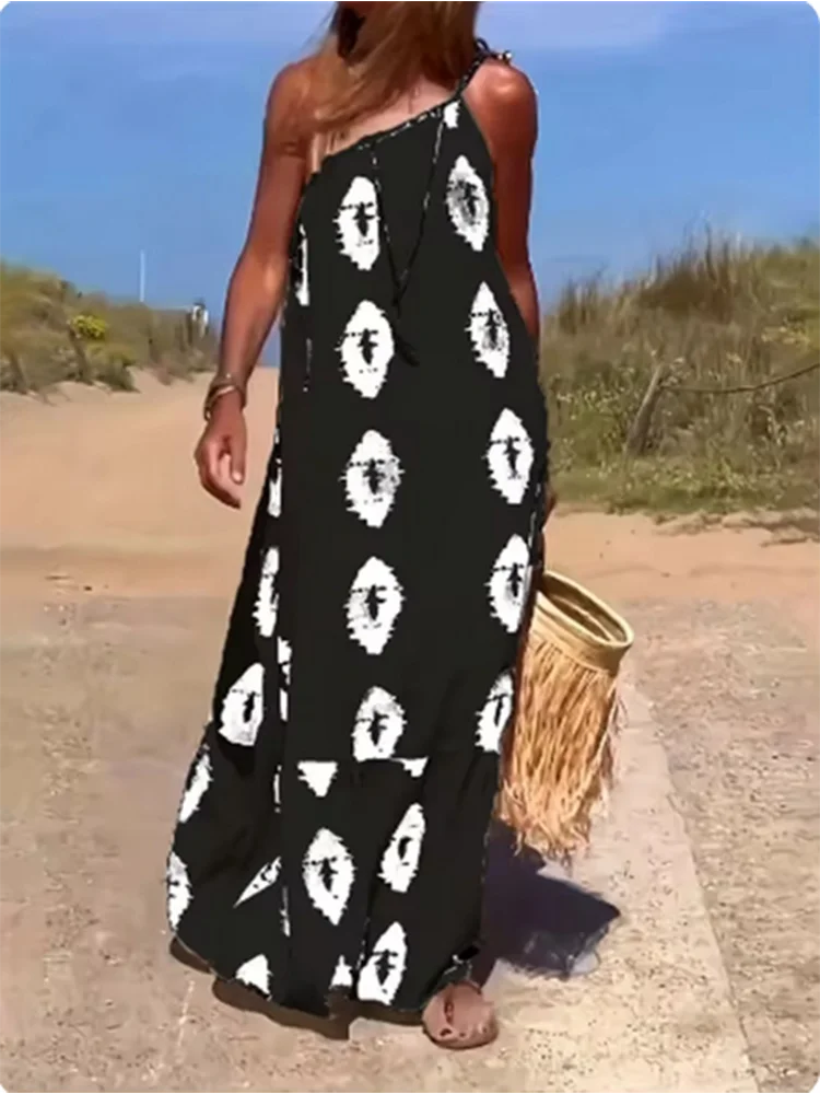 Women's Sleeveless Sloping Shoulder Dress Bohemian Printed Loose Dress Summer Sexy Party Dresses