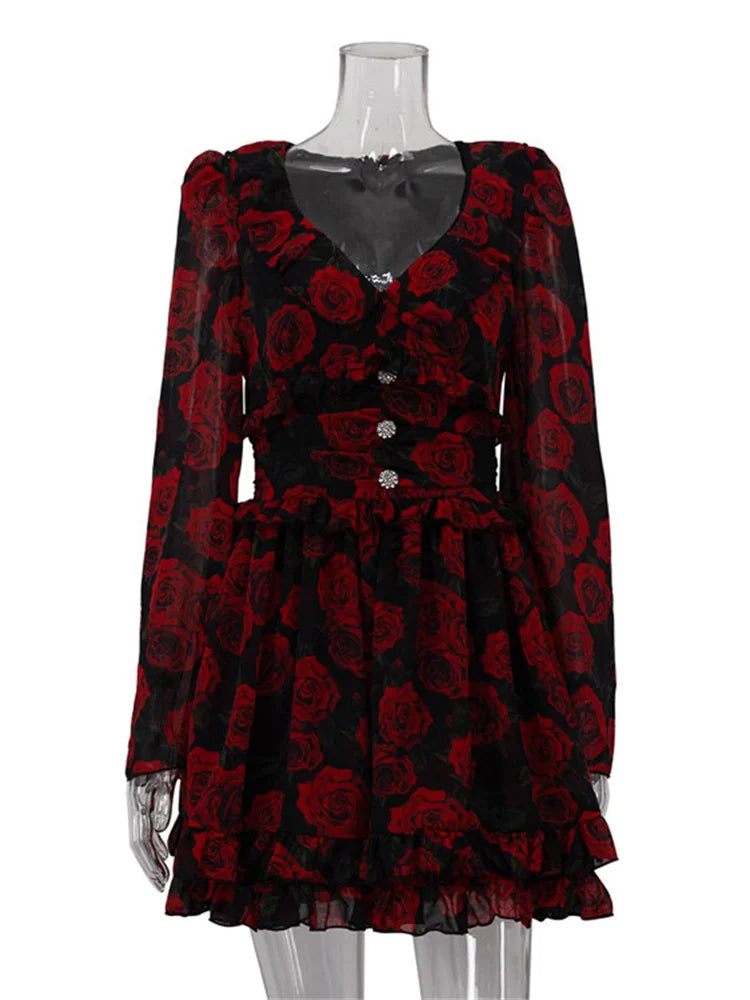 Tossy Printed V-Neck Patchwork Mini Dress Women Ruffled Long Sleeve High Waist Fashion Commute Party Dress Female Contrast Dress