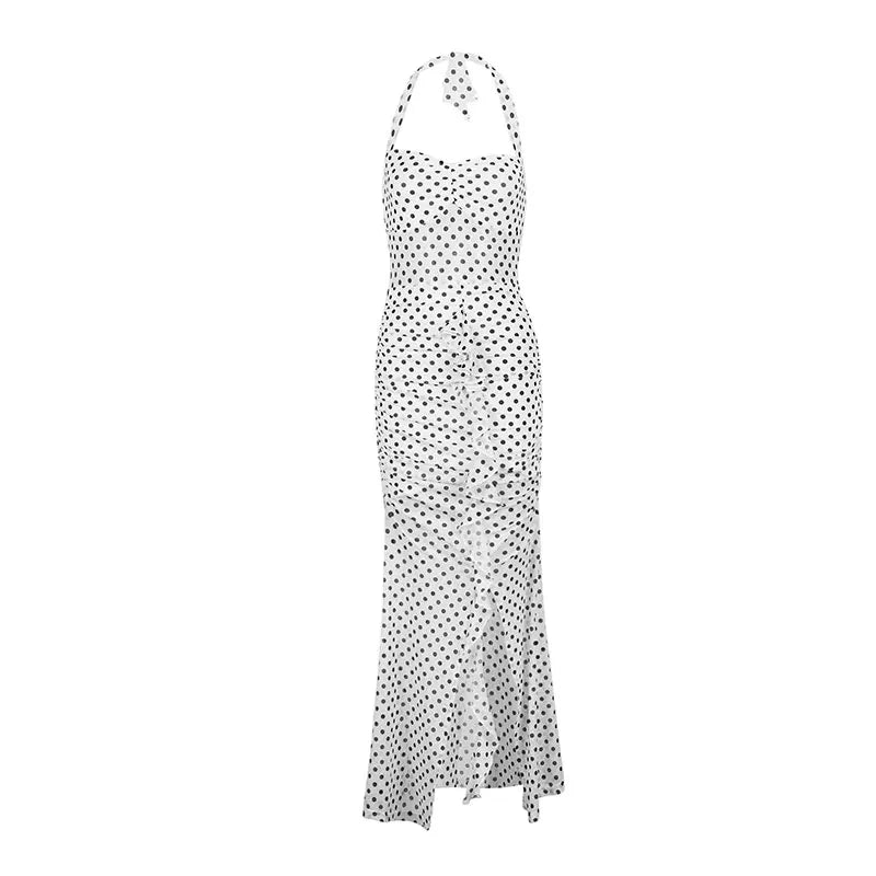 Women Maxi Dresses Summer New Streetwear Fashion Print Halter Split Casual Slim Dress Sexy Backless Low Chest V-Neck Lady Dress