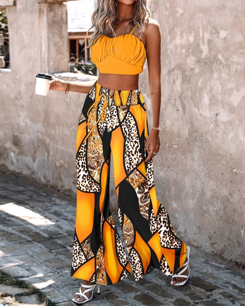 Women's 2024 Summer New Commuter Sexy Sleeveless Short Strap Pants Two Piece Set Fashion Printed Strap Wide Leg Pants Set
