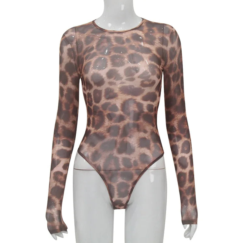 Ladies Autumn One Piece Leopard Print New Fashion Long Sleeve O-Neck Skinny Sexy Bodysuit Women Party Club Wear Y2K Fall Outfits