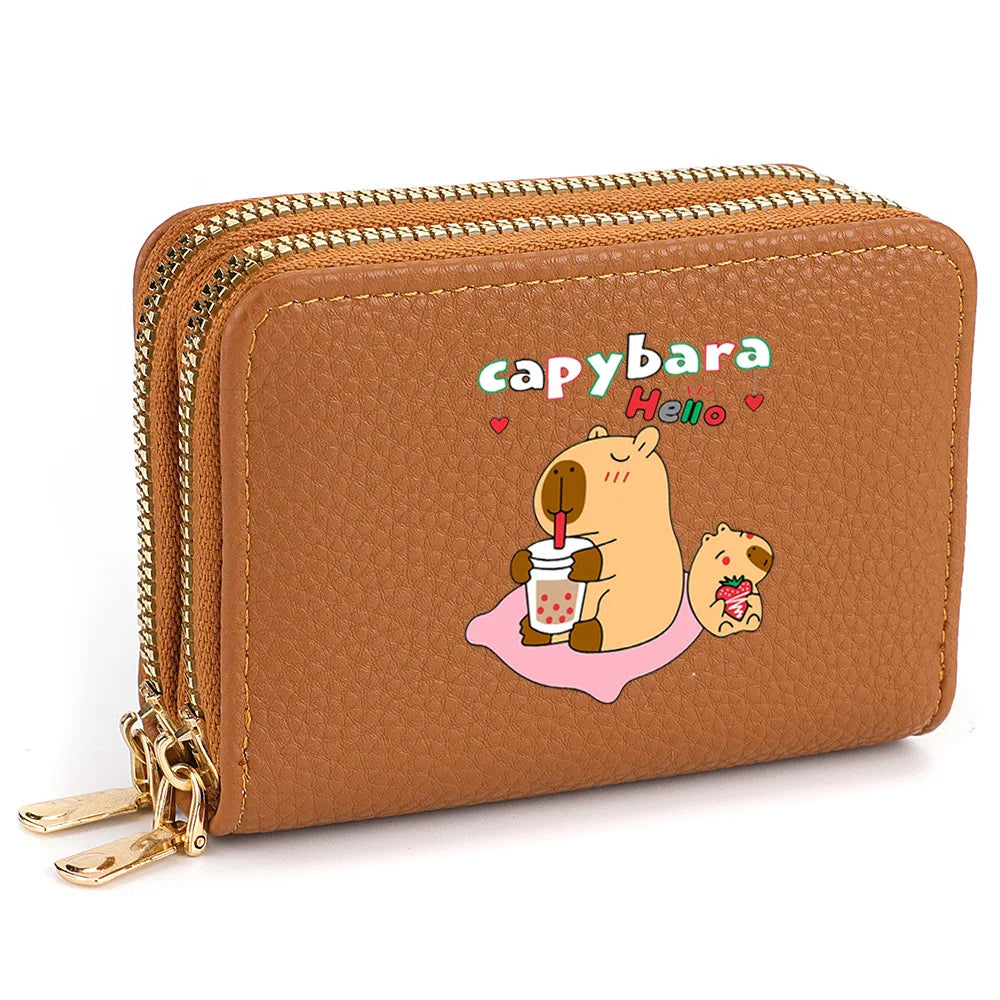 Capybara Ladies' Printed Cute Coin Wallet, PU Leather ID Card Bank Card Zipper Card Wallet, Suitable for Women's Daily Use