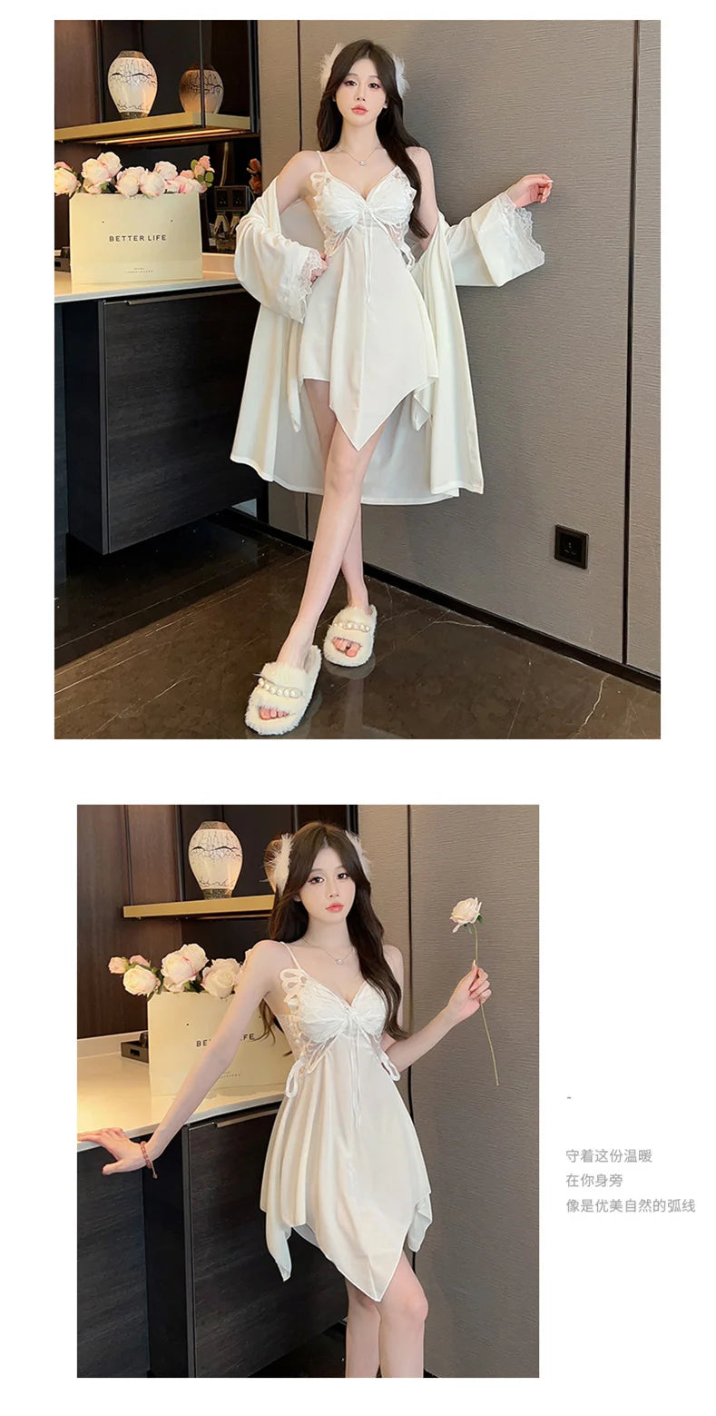 Summer Sling Lace Women's Underwear Two-Pieces Set Satin Silk Sleepwear Butterfly Embroidery Backless Nightdress