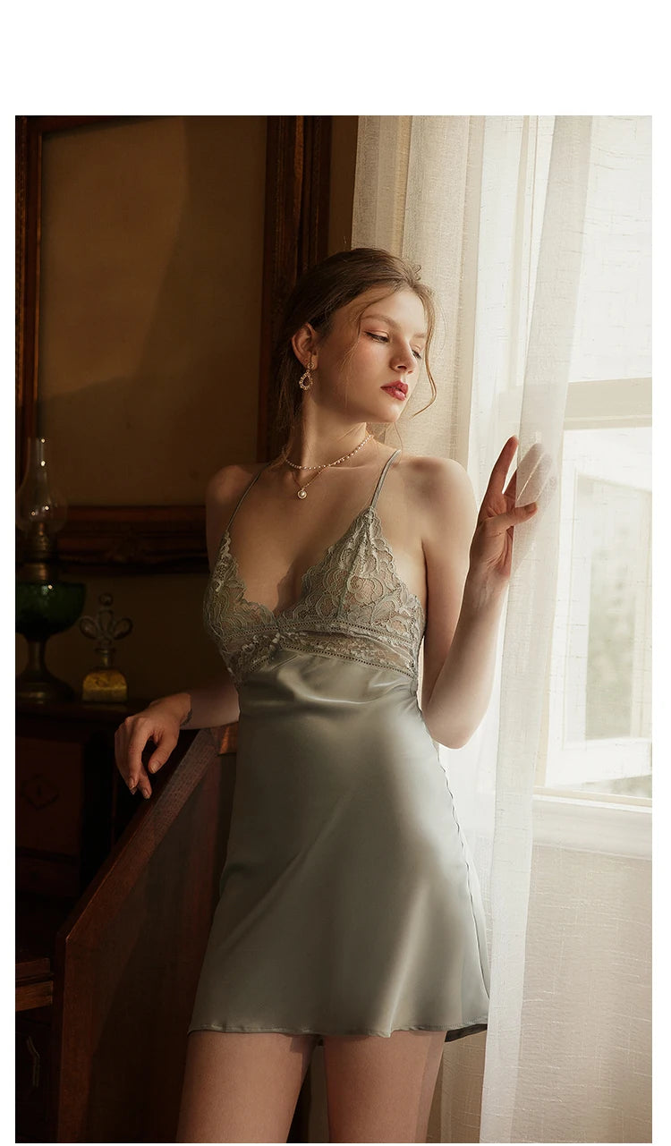 with Chest Pad Sleepwear Dress Backless Strap Nightgowns Lace Hot Temptation Vintage Nightgowns V-neck Nightwear Silk Homewear