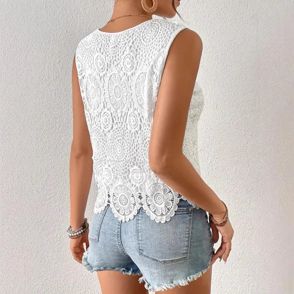 Casual Events XL L Casual Women Top Breathable Lace Summer Vest Breathable Fabric Breathable Vest Daily Wear Round Neck