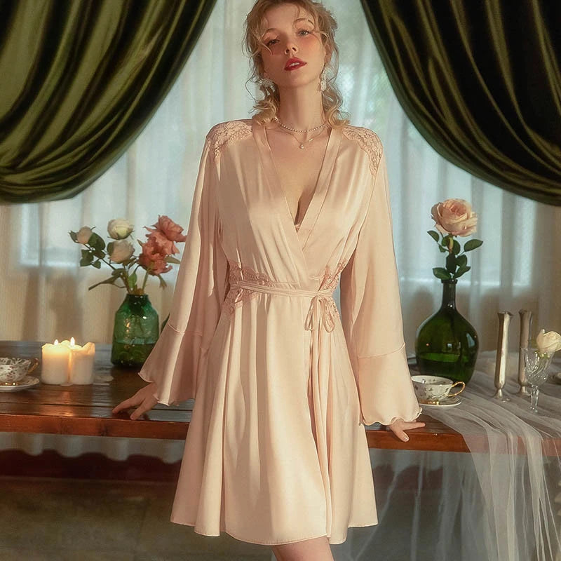 Black Satin Kimono Bridal Robe Lace Lingerie Women Sleepwear Pajamas Pure Ice Silk Wedding Morning Bathrobe Bridesmaid Robes