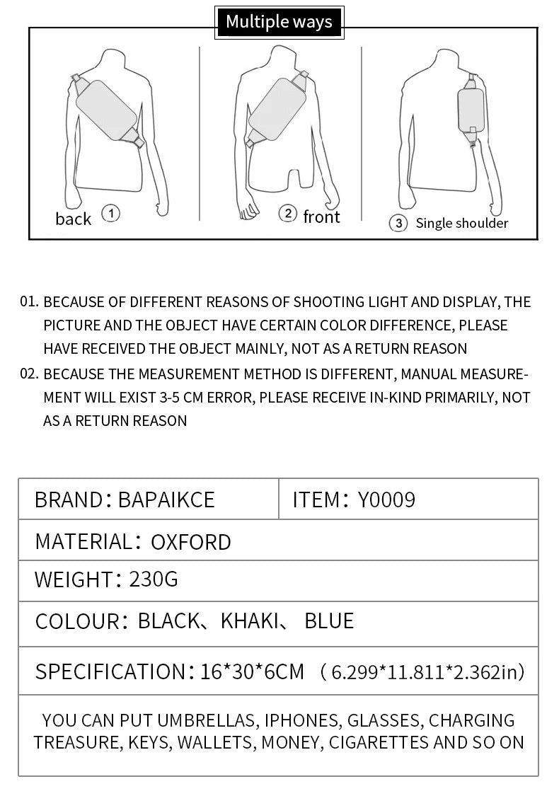 Chest Bag Men's Single Shoulder Crossbody Bag Large Capacity Oxford Cloth Outdoor Travel Backpack Men's Chest Bag