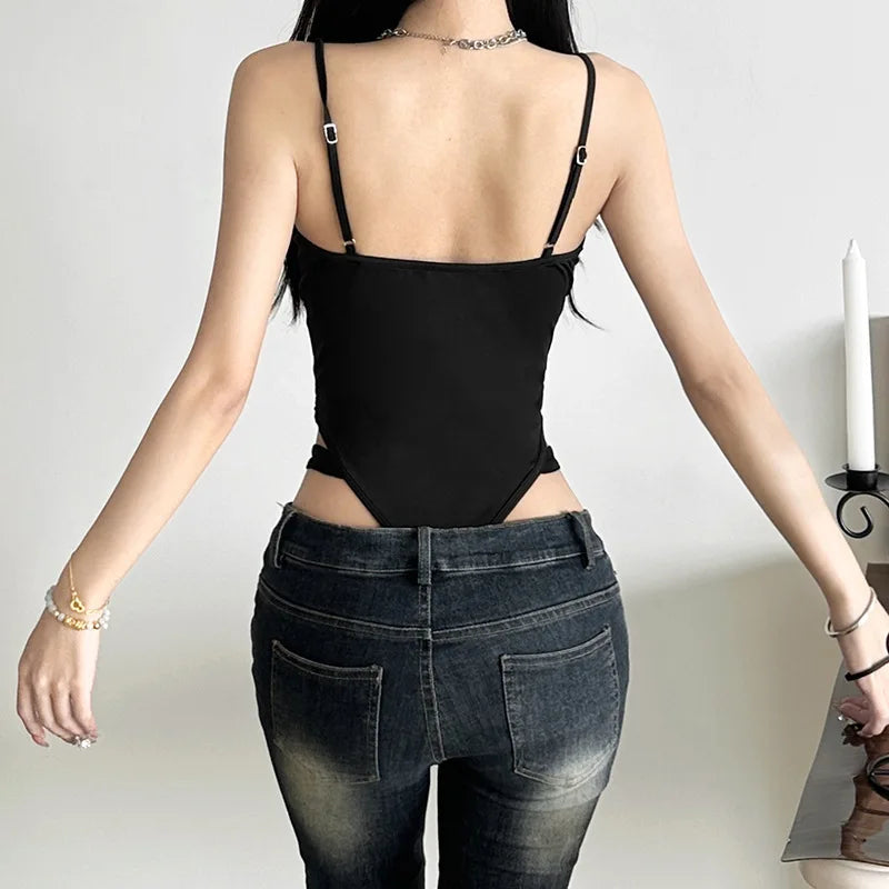 Sexy Women Bodysuit Cut Out Bodycon Jumpsuit Strap Cami Y2K Pure Aesthetic Tops Summer Sleeveless Solid Color Crop Outfit Tee