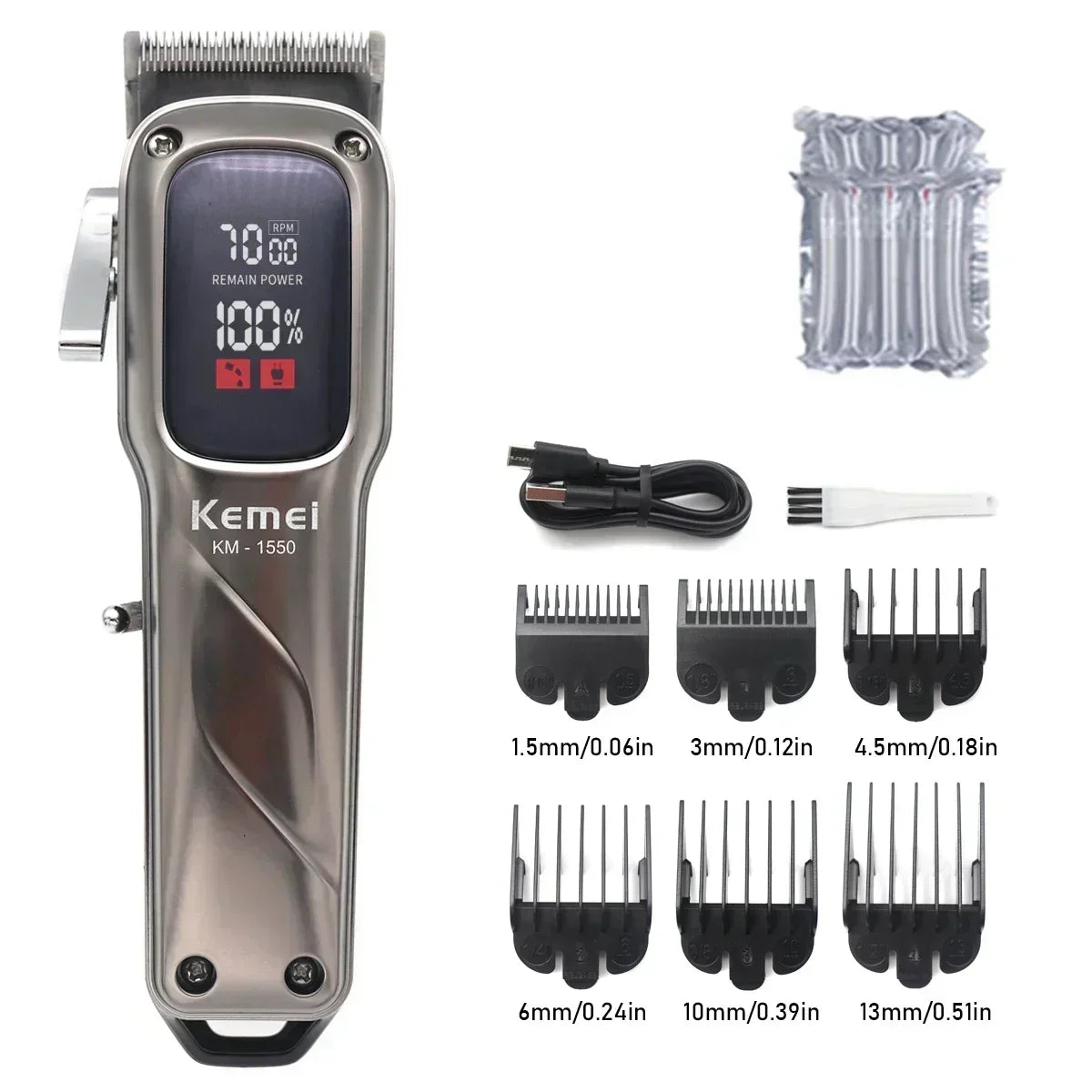 KEMEI Km-1550 Professional Hair Clipper for Men LED Display Low Noise Cordless USB Interface Hair Cutting Machine Hair Trimmer