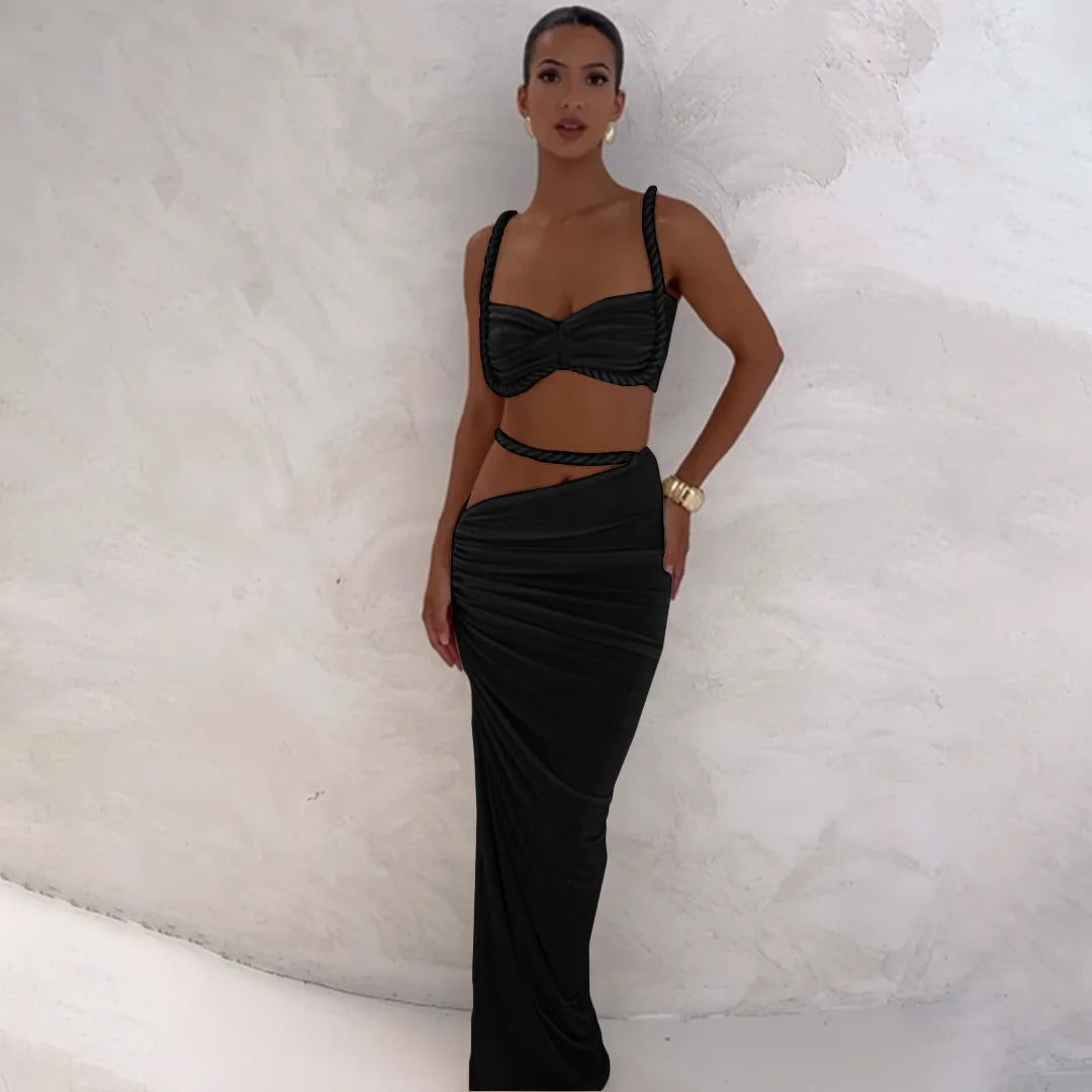 Ladies Summer Party 2 Piece Skirt Set Women Sleeveless Backless Crop Top Long Skirts Matching Sets Club Streetwear Woman Clothes