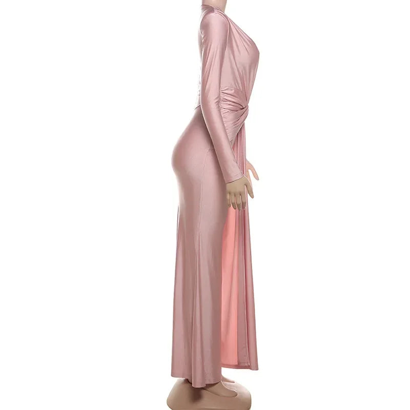 Elegant High Waist Pleated Maxi Dress Women's New Solid O Neck Long Sleeve Slim Dress Luxury Party Evening Gown Robe