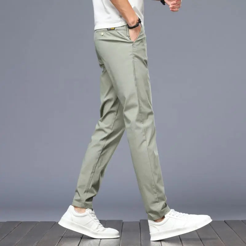 Men Ice Silk Casual Suit Pants Male Slim Fit Korean Style Blazer Pants Summer Thin Ankle Length Cropped Light Gray Trousers