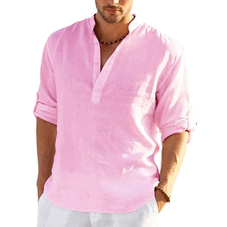 2023 New Men's Linen Long Sleeve T-Shirt Solid Color Loose Casual T-Shirt Long Sleeve Cotton Linen Shirt S-5XL