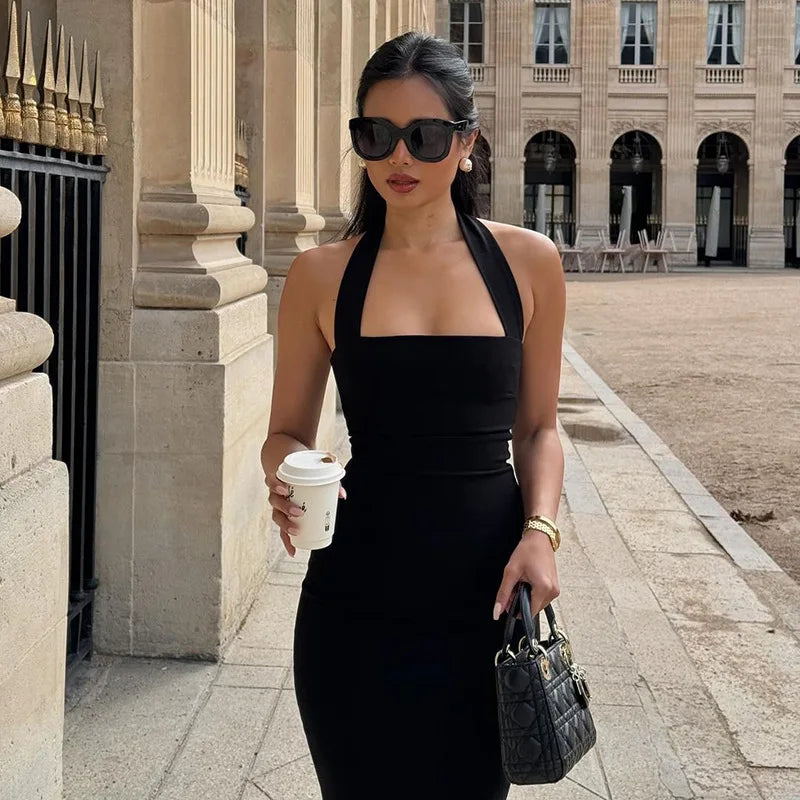 Ladies Summer Elegant New Midi Dress Women Sleeveless Backless Halter Long Dresses Evening Party Club Streetwear Woman Clothes