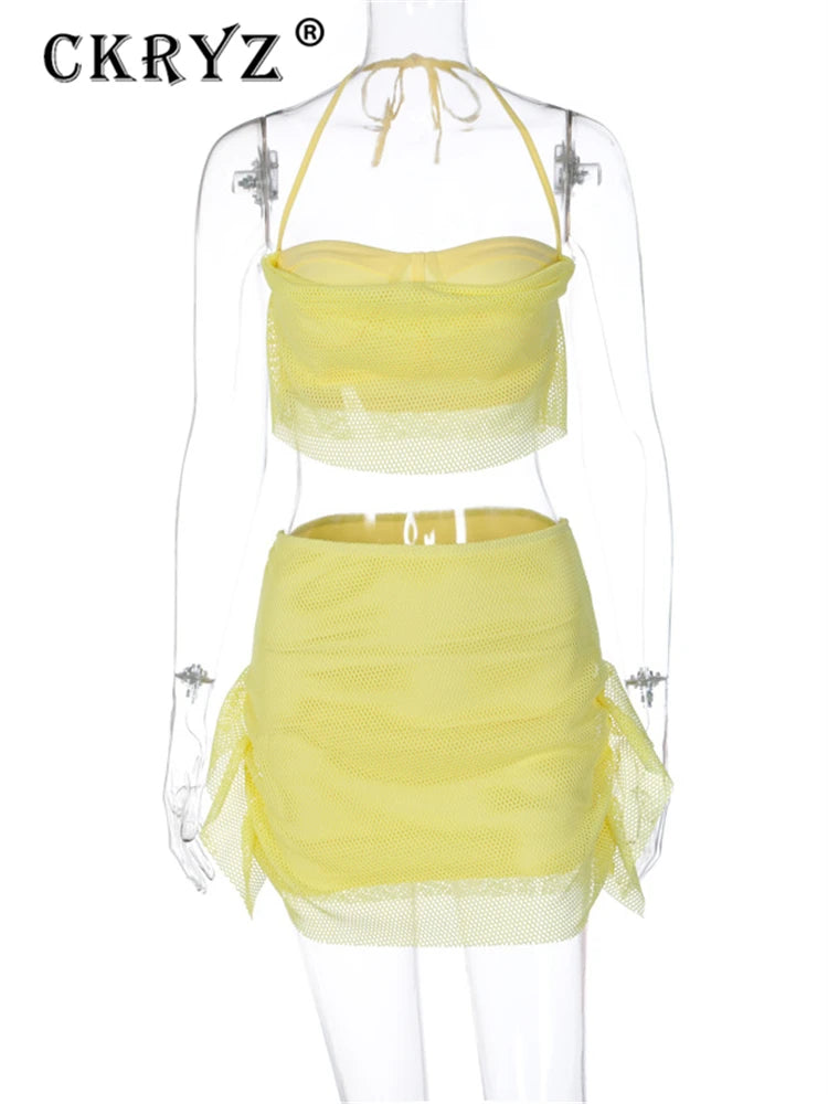 Ladies Summer Mesh Patchwork Y2K 2 Pieces Sleeveless Backless Sexy Crop Top And Mini Skirt Set Women New Fashion Party Clubwear