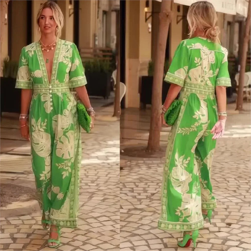 Sexy Deep V-neck Printed Women's Jumpsuit Summer New Style Simple Casual Loose Short-sleeved Elegant Female Office Rompers 2025