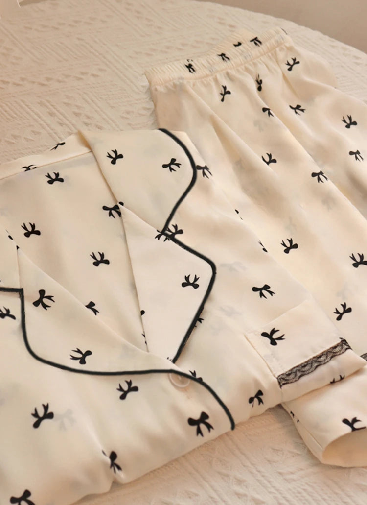 Sweet Cute Lace Flower Side Bow Print Women's Pajamas Simulated Silk Short Summer Cool Lady Lounges 2024 New Classy Y2k Homewear
