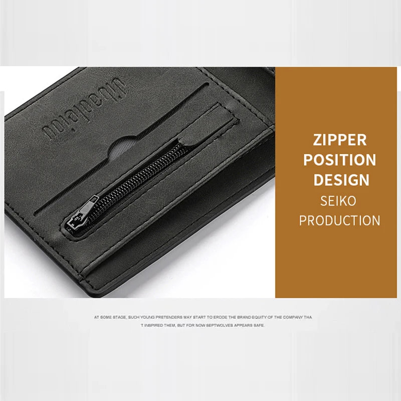 Men's Genuine PU Leather Wallet - Short Vintage Zipper Design with Money Clip, Soft Business Wallet for Students