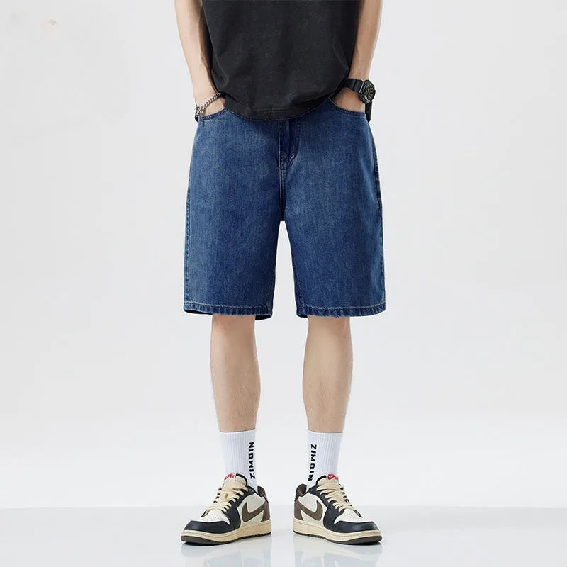 2025 New American retro short men's wide leg jeans Y2k Gothic washed loose straight leg casual men's denim shorts sports pants