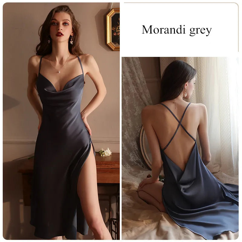 Sexy Backless Ice Silk Halter V Neck Dress Pajamas Short Skirt Home Wear Women Silk Nightgowns Home Clothes