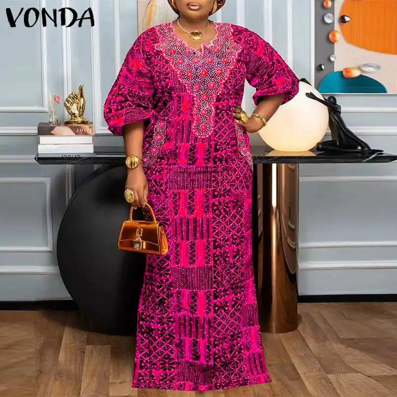 Plus Size 5XL VONDA Bohemian Summer Women Long Dress Printed Sundress Fashion Puff Sleeve V Neek Loose Casual Vestidos Robe