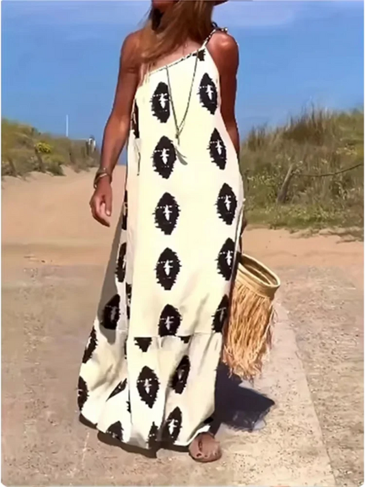 Women's Sleeveless Sloping Shoulder Dress Bohemian Printed Loose Dress Summer Sexy Party Dresses