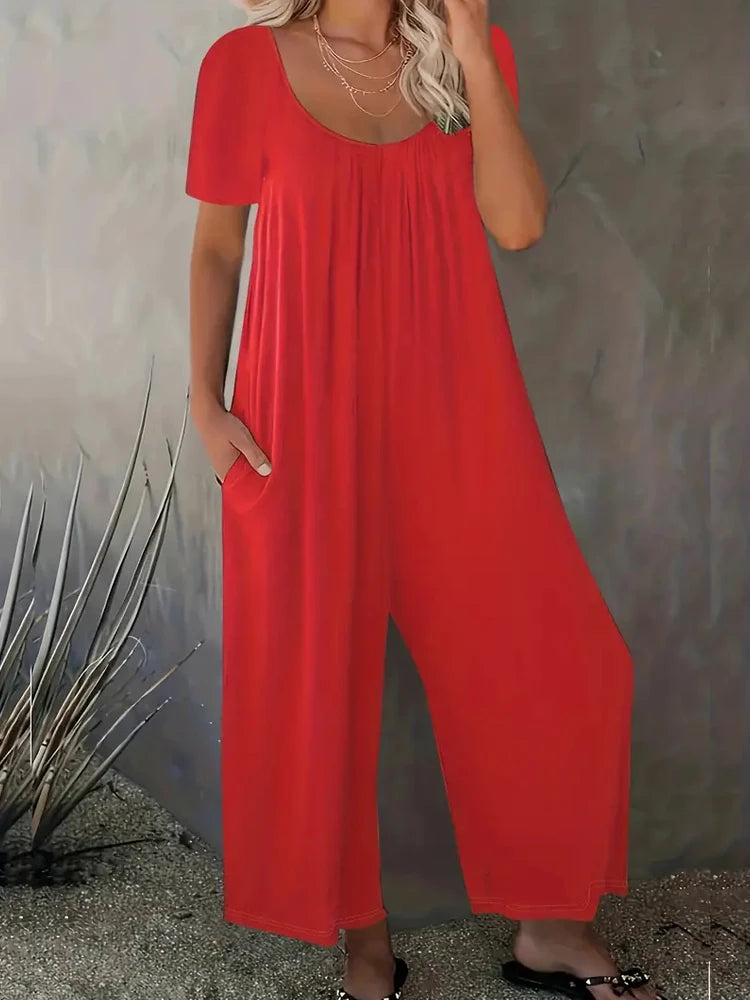 Plus Size 0XL-5XL Summer Rompers Overalls Women's Solid Color Jumpsuit with Pockets Casual Fashion Short Sleeve Jumpsuits