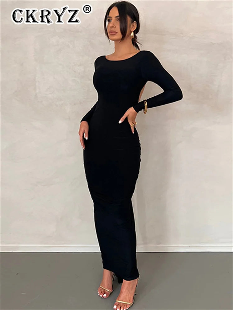 Ladies Autumn Elegant Evening Party Dress Women Long Sleeve Backless Ruched Fashion Long Dresses Woman Clothes Birthday Clubwear