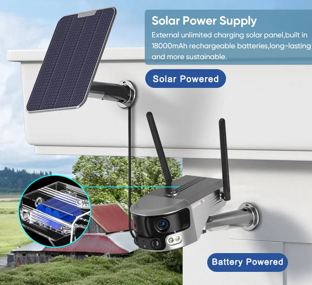 LS VISION 8MP 4G Solar Security Camera Outdoor WIFI 180° Ultra Wide View Angle 4X Zoom Dual Lens PIR Human Detection CCTV Camera