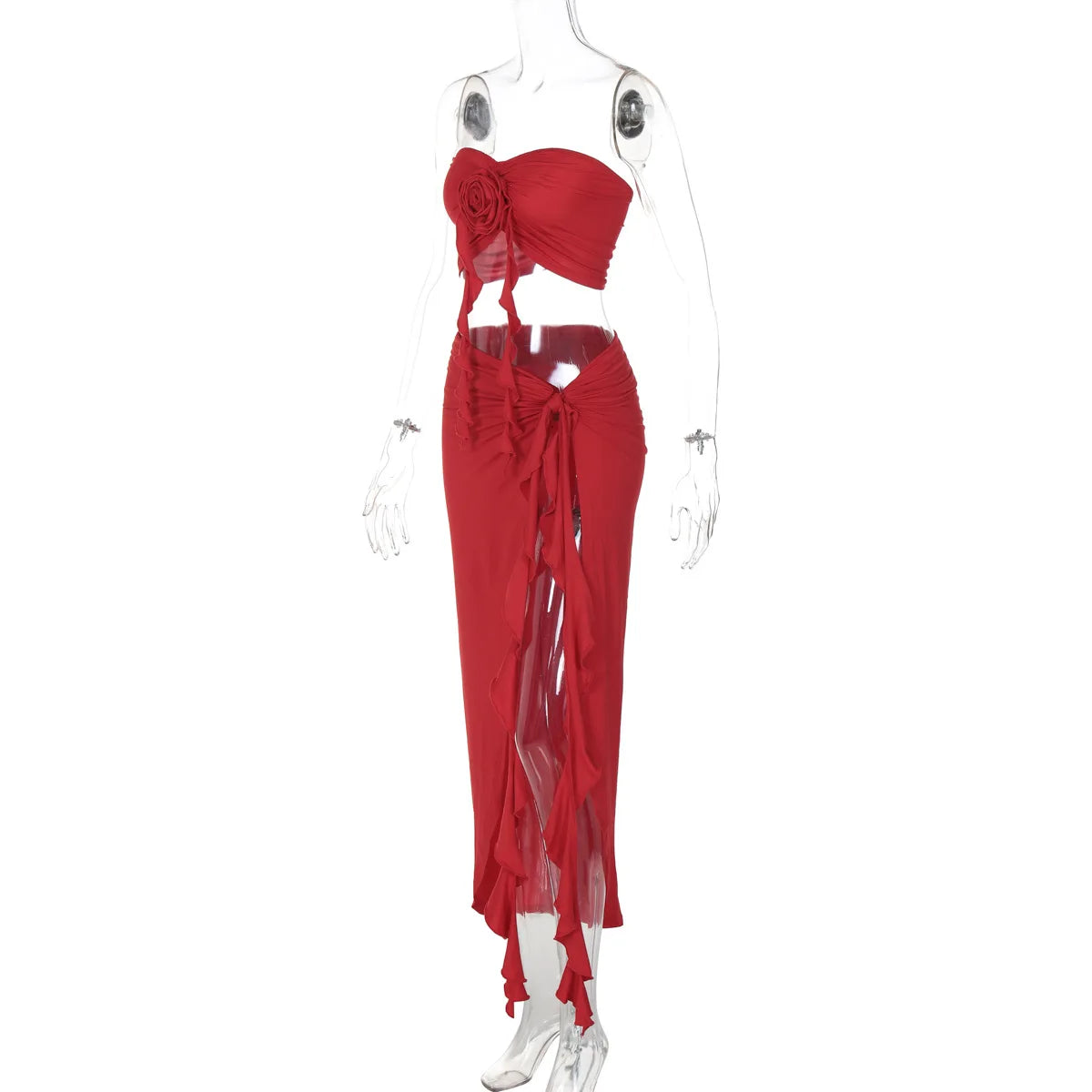Ladies Matching Suit Applique Strapless Ruched Crop Top Ruffles Split Midi Dress Set Women Summer Party Club Y2K Fashion Outfits